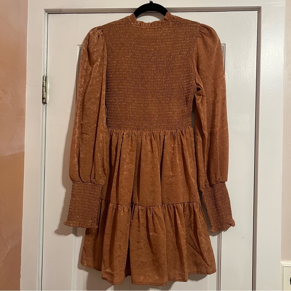 #184 Pink Lily Mockneck Terracotta Brown Smocked Fitted Dress Small - Picture 3 of 5